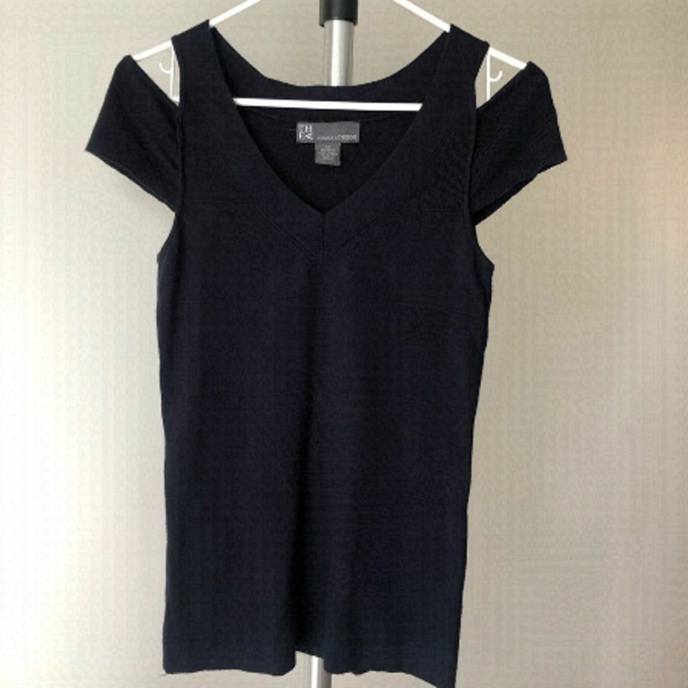 Chelsea & Theodore Navy Blue Cold Shoulder V-Neck Knit Top Short Sleeve Medium
